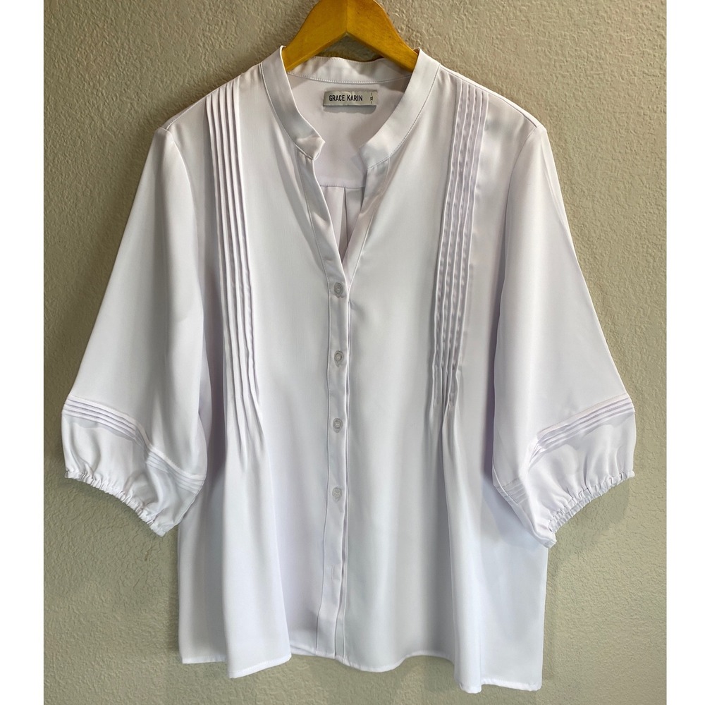 Grace Karin White Pintuck‎ Pleated Button Down Blouse 3/4 Sleeve XL Office Work